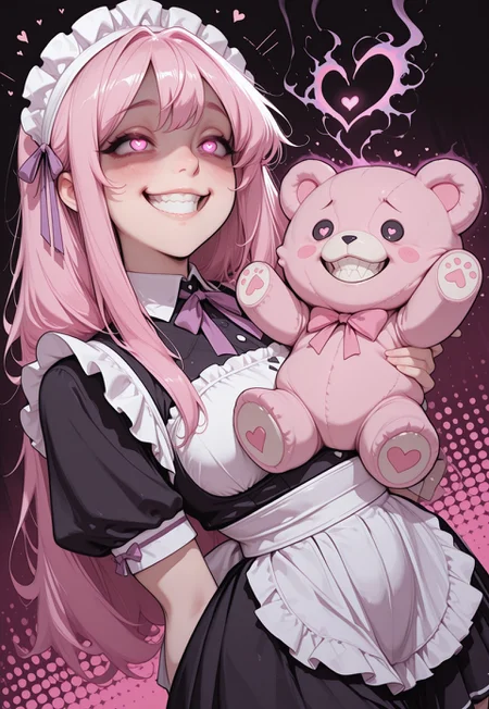 masterpiece, high_quality, highres, flat_colors, gradient, CivChan, artist:moriimee, 1girl  ((holding oversized pink stuffed bear toy)) crazy_eyes, ((uwu)), glowing eyes, heart-shaped_pupils , maniacal grin, laughing, hair_ribbon  magical_girl open_mouth pink_hair purple_eyes ribbon maid_headdress maid_uniform skirt smile yandere, Dynamic angle, best quality, halftone_background, pink_background, black_background, ethereal_aura, 