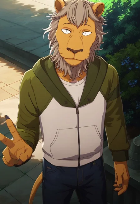 score_9_up, score_8_up, score_7_up, masterpiece, best quality, amazing quality, very aesthetic, absurdres, newest, high quality, detailed, male, solo male, Eado, 1boy, mature male, male, athletic build, anthro, lion, animal ears, tan fur, grey hair, black eyes, round ears, whiskers, white shirt, green hoodie, blue jeans, half body, looking at viewer, smiling, peace sign, hand up, outdoors, outdoor cafe, volumetric lighting, high angle, standing, cowboy shot, dynamic shot