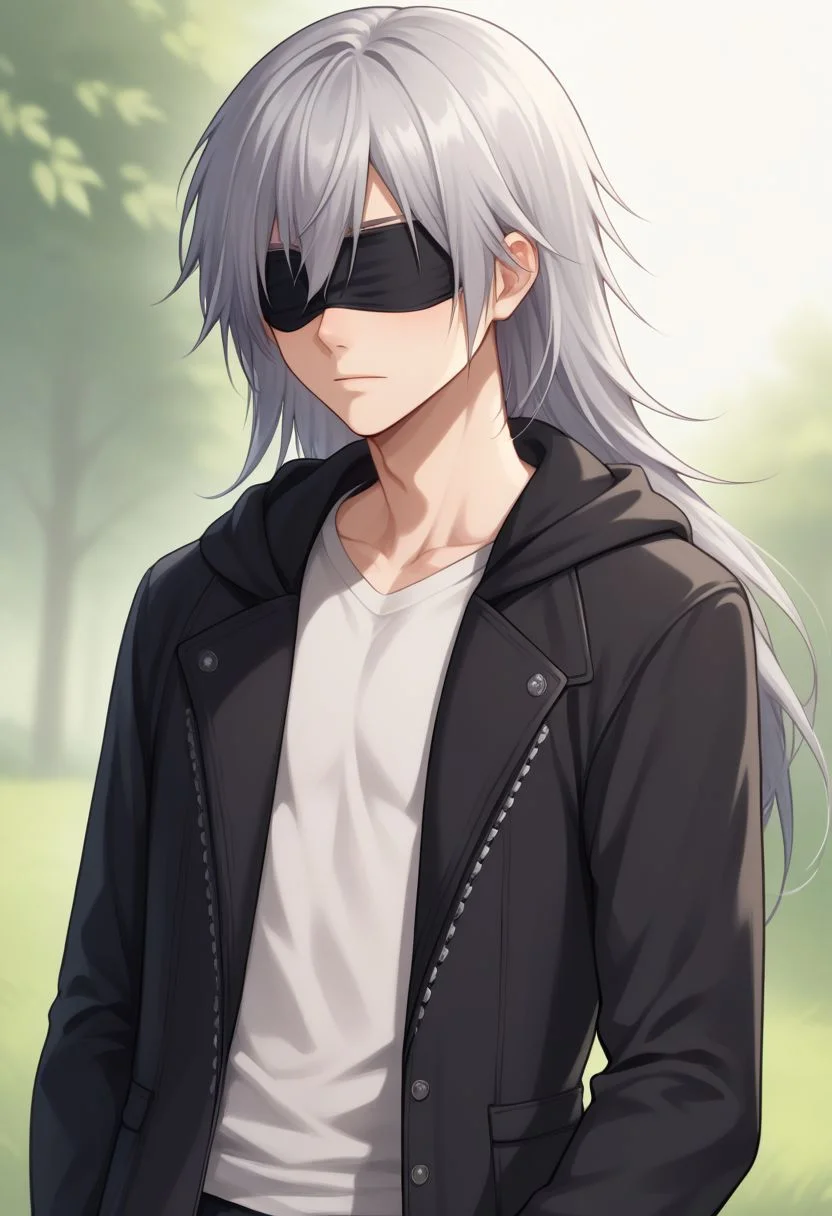 score_9, score_8_up, source_anime, highly detailed, 1boy, solo, male_focus slender, skinny,
riku, 1boy. male focus, solo, blue eyes, silver hair, hoodie, black hood, blindfold, long hair, coat, black coat,
outdoor,