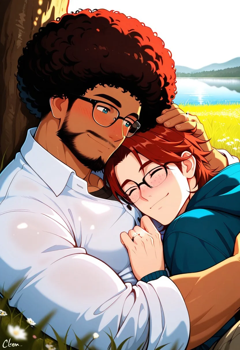 ((Expressiveh) (fcHeatPortrait) (spring background, lake, outside, , clear skies, daytime) (masterpiece, best quality, cinematic lighting, depth of field, best shadows, detailed textures), (dutch angle)
(2boys), afro, dark red hair, dark red facial hair, long goatee, mustache, napping, closed eyes,smile, blanket, button up undershirt, brown eyes, , in love, green eyes, yaoi, gay, bara, jacket, breathing, blushing, wedding ring,l, button up shirt, looking at each other, interracial, head tilt, cuddling, happy, affectionate gesture, back against tree, engagement ring, fair skin, , athletic, , sweater, freckles, glasses, pants, Romantic, Spring, in private, , hand on head, brown hair, beard, blue eyes, glasses, size difference, laying on grass,