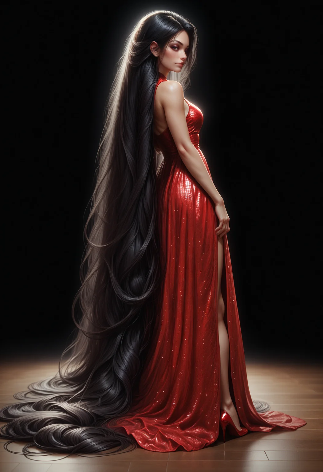 score_9_up, score_8_up, score_7_up, detailed, standing, absurdly long hair, floor length hair, black hair, 1girl, sleeveless (red sequin dress), legs, red high heels, fit girl, skin details, black background, <lora:FloorLengthHair:0.7>