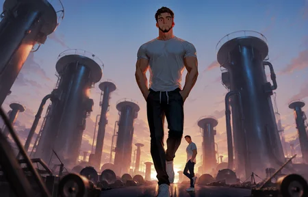<lora:Lifeline_Style_V2_Illu_Edition-000015:1>, (llv2-illu), ((standing with one leg crossed over the other and hands in pockets, factory, graphic college art T-shirt, chestnut hair, dusk, Full shot))
looking at the viewer, cowboy shot, 
(very short hair, beard, bara, mature, facial hair, stubble, beard, full beard, sideburn, beard, a lot of beard, ), facial hair,male focus, muscular male, muscular male, bara, mature,  bara, mature, aixiwuganda_(20222192), very awa, masterpiece, best quality, absurdres, newest, perfect quality, detailed background, intricate details,
<lora:slider_Body Type_alpha1.0_rank4_noxattn_last:3><lora:Anime Summer Days 2 Style SDXL_LoRA_Pony Diffusion V6 XL:.6><lora:slider_cfg_scale_boost:.7><lora:Artist6p:.55>, Artist6p, Artist04p,<lora:slider_il_brightness_slider_d1:-1><lora:slider_il_contrast_slider_d1:-1><lora:slider_DarkSlider1.2_alpha1.0_rank16_full_300steps:-.6>