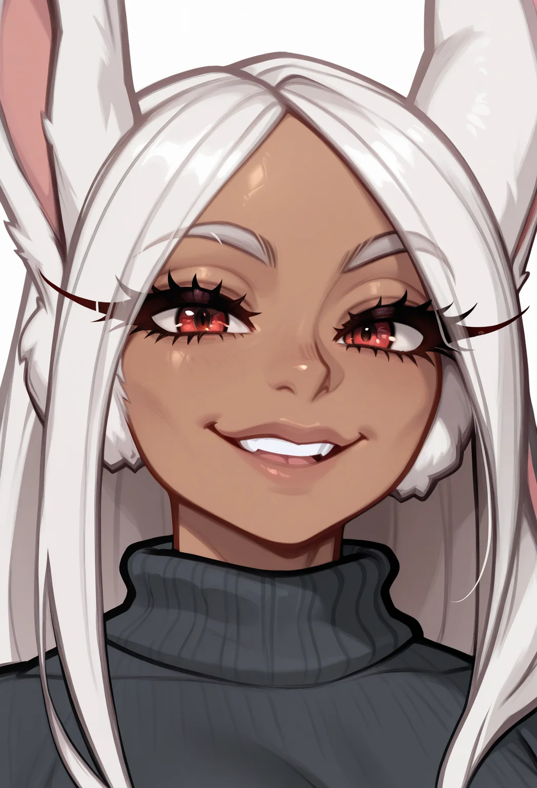 1girl, solo, sweater, white background, portrait, looking at viewer, smile, upper teeth only,
dark-skinned female, muscular female, rabbit ears, rabbit girl, white hair, red eyes, long hair, long eyelashes, parted bangs,
masterpiece, best quality, <lora:Blushyspicy-guy90-IllustriousV101:1>, yciblu, <lora:mirko-guy90-Illust-LoraV1:1>
