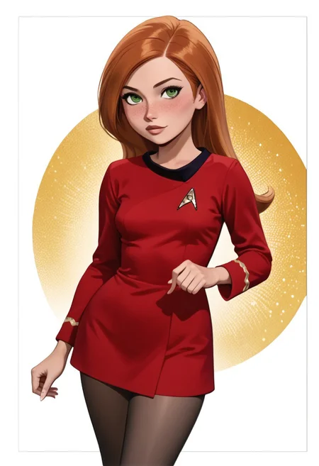 score_9, score_8_up, score_8_up, btimmsketch,
1girl, 18yo Kim Possible, cute perfect face, red hair, long hair, green eyes, freckles, big round eyes, small breasts, perfect round breasts, perky breasts, stunf,star trek uniform red dress, long sleeves, pantyhose,
pin-up pose, halftone effect, white borders, abstract background:1.2