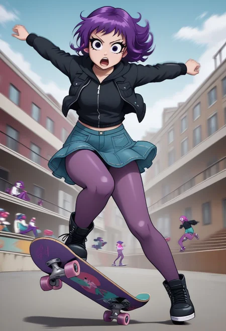 score_9, score_8_up, score_7_up, 1girl, (skateboard:1.2), full body, ramona flowers, jacket, black hoodie, layered clothing, jean skirt, purple pantyhose, boots, outside, (kickflip:1.1), skatepark, jumping, (dynamic pose:1.1), front view, action shot, motion blur, zPDXL2