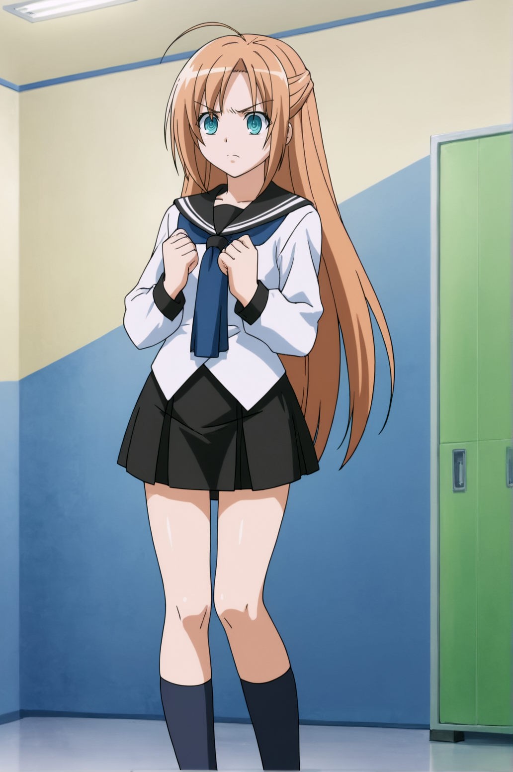 score_9, score_8_up, score_7_up,anime_source, source_anime, best background, detailed background, anime screencap,  Sakura, 1girl, skirt, school uniform, serafuku, blue neckerchief, socks, tsurime eyes, tsundere, expressless,  indoors, <lora:JN_Kaede_Sakura:0.8>