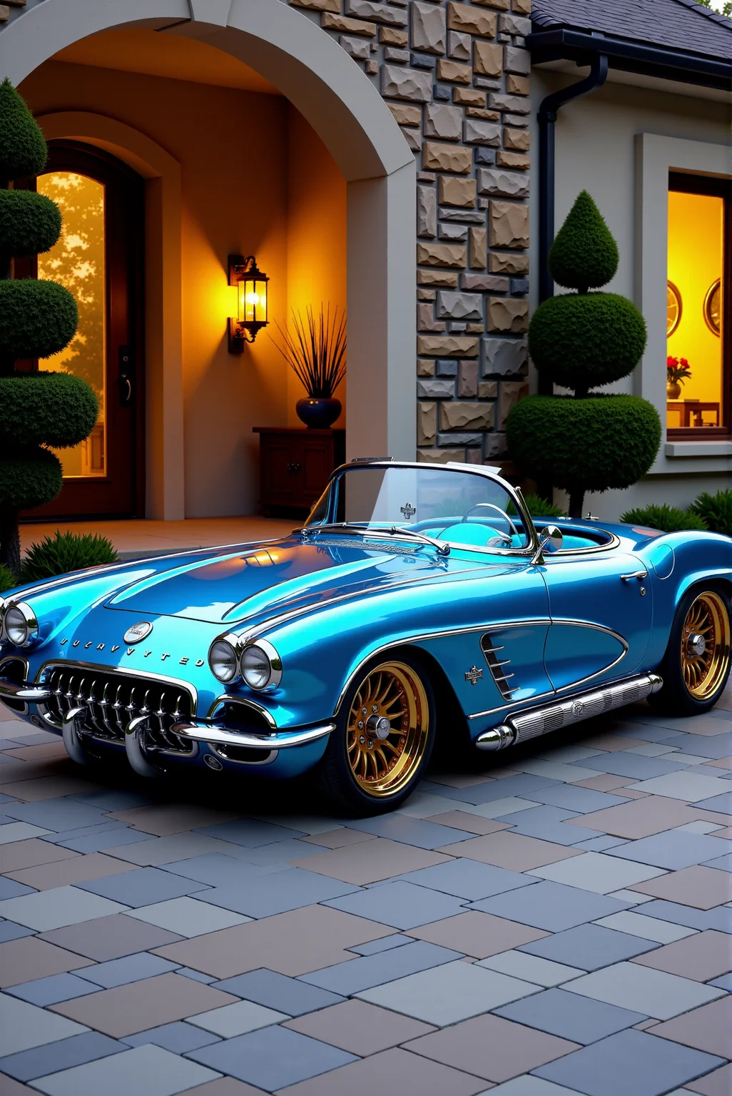 <lora:Hot_rod__style:0.8>
A restomod Chevrolet Corvette C1 convertible in a radiant sky-blue metallic finish, parked on a flagstone driveway in front of a luxury estate with warm ambient lighting and stacked-stone accents, featuring a meticulously shaved body with chrome trim outlining its sculpted contours, quad circular headlights with golden-tinted halos flanking a wide chrome-toothed grille, ultra-low ride height enhanced by oversized concave multi-spoke rims in brushed gold with low-profile tires, teardrop side coves finished in a gradient silver-blue contrast, tinted wraparound windshield reflecting warm porch lighting and treetop silhouettes, doorless sleek profile with modernized flush handles and aerodynamic side mirrors. DoubleStream Style Layer: hyper-realistic luxury car photography with golden hour lighting and high-gloss detailing, retro-modern fusion style merging 1960s American sports car curves with contemporary stance culture, color palette of sky blue, brushed chrome, and champagne gold, captured in a low-angle lens perspective emphasizing width and low stance, reflections in body panels rendered with HDR clarity against natural stone textures and warm stucco walls