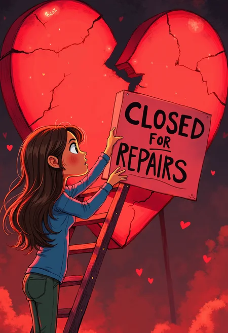 bo-romance, a digital drawing in a vibrant, cartoonish style, it depicts a young girl, with long brown hair, standing on a ladder and facing a large, broken heart, she is wearing a blue, long-sleeved shirt and green pants, and her expression is one of distress, the heart is large and red, with visible cracks and a jagged edge, the girl is holding onto the edge of the broken heart with her right hand, while her left hand is positioned near the edge, holding a sign that reads closed for repairs in bold, black letters, the background is a mix of dark and light red hues, creating a stark contrast with the bright red of the heart, the overall mood of one of urgency and brokenness, with the girl's figure appearing to be in a state of deep contemplation or reflection, the drawing uses bold, expressive lines and bright, contrasting colors to emphasize the emotional and emotional state of the scene<lora:boFLUX Romance Abyss.safetensors:1.0:1.0>