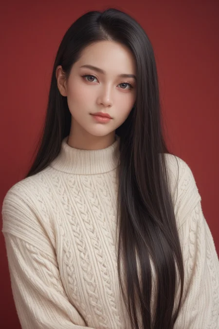 ,score_9,score_8_up,score_7_up, 20 years old, 8k, hd, beautiful girl, black hair, very long hair, straight hair, closed mouth,
1girl, detailed face, beautiful woman's face, sweater, red background, looking at viewer,