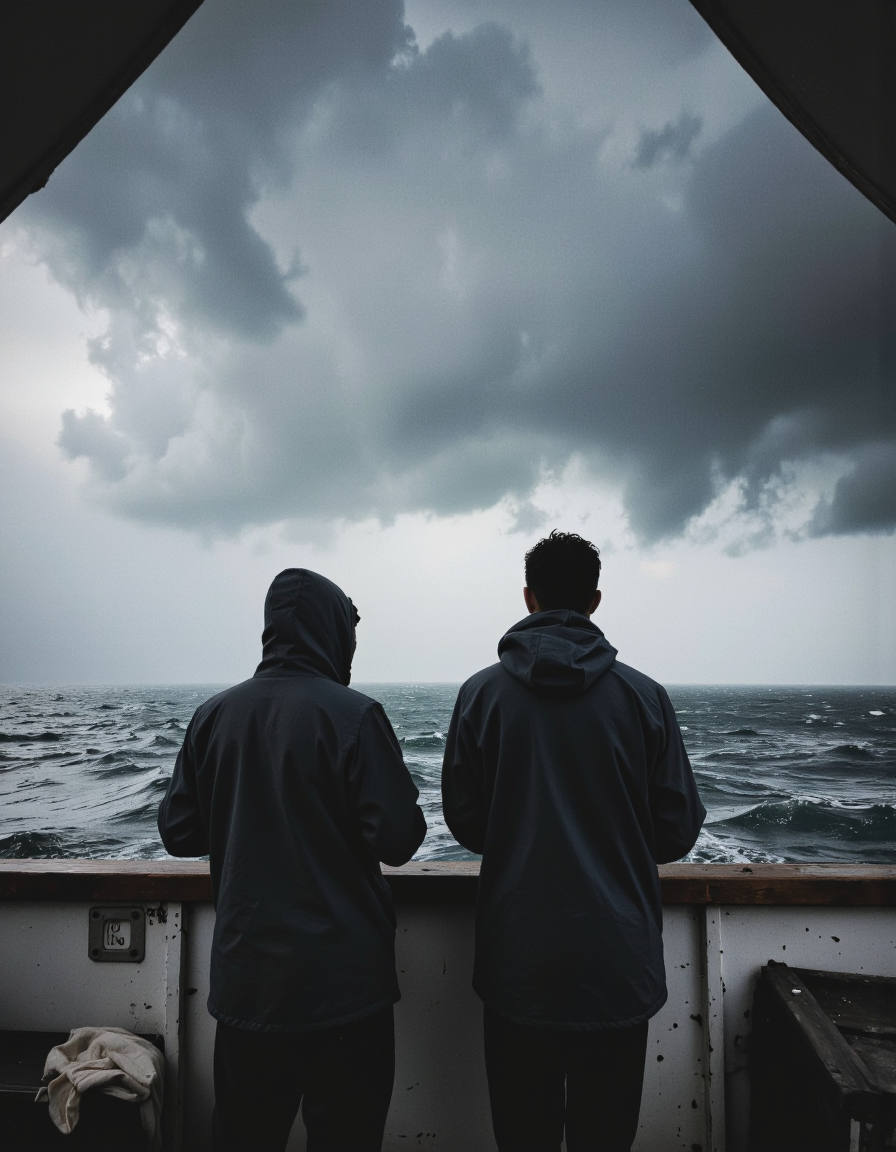 This photograph captures a dramatic, moody scene on a fishing boat at sea under a cloudy, overcast sky. The image features two men standing at the stern of the boat, gazing out at the expansive, rough sea. Both men are dressed in dark, rain-repellent jackets, with one wearing a hood and the other not. Their figures are silhouetted against the gray, stormy sky, adding a sense of isolation and solitude to the scene. <lora:Dark_side_of_light:0.55>
