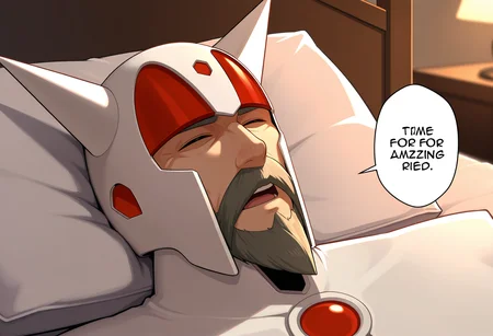 1boy, solo,
heika, facial hair, beard, horned helmet, mustache, upper body, open mouth,
closed eyes, on bed, lying,
english text, speech bubble, ("time for bed":1.2),
masterpiece,best quality,amazing quality,very aesthetic,absurdres,newest,
<lora:StS-Illustrious-Detail-Slider-v1.0:1.5>,<lora:reduce_wrinkles_illstriouosv0.1_ADDifT_2_in_1_v1.2:0.8>, <lora:99coins_heika_IL_v3_10:1>