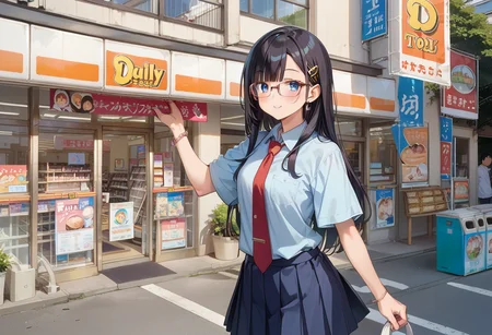 score_9, score_8_up, score_7_up, rating_safe, masterpiece, best quality, absurdres, unity 8k wallpaper, official art, official style, source_anime, uncensored, game cg, megami magazine,
1girl, solo, glasses, black hair, long hair, blue eyes, collared shirt, red necktie, pleated skirt, blue skirt, looking at viewer, blush,
YamazakiDaily, konbini, scenery, storefront, japan, shop, scenery, multiple girls, outdoors, sign, city, storefront, road, street, building, real world location
<lora:yamazakidaily_storefront_PONY_V1:1>