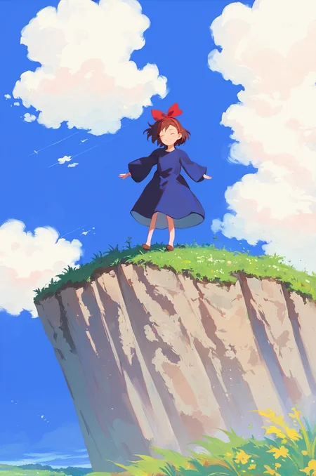 score_9, score_8_up, score_7_up, female, dark brown hair, solo, dark blue dress, baggy clothes, hairband, red hair bow, majokiki, smile, eyes closed, painting, cliff, grass, blue sky, clouds, <lora:Kikis Delivery Service - Kiki v1:1>