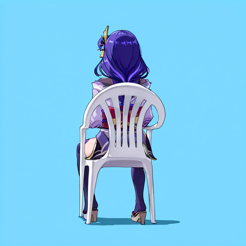 (masterpiece, high quality, amazing detail), highres, 1girl, raiden shogun, solo, monobloc chair, sitting, from behind, simple background, <lora:monobloc_chair:1>