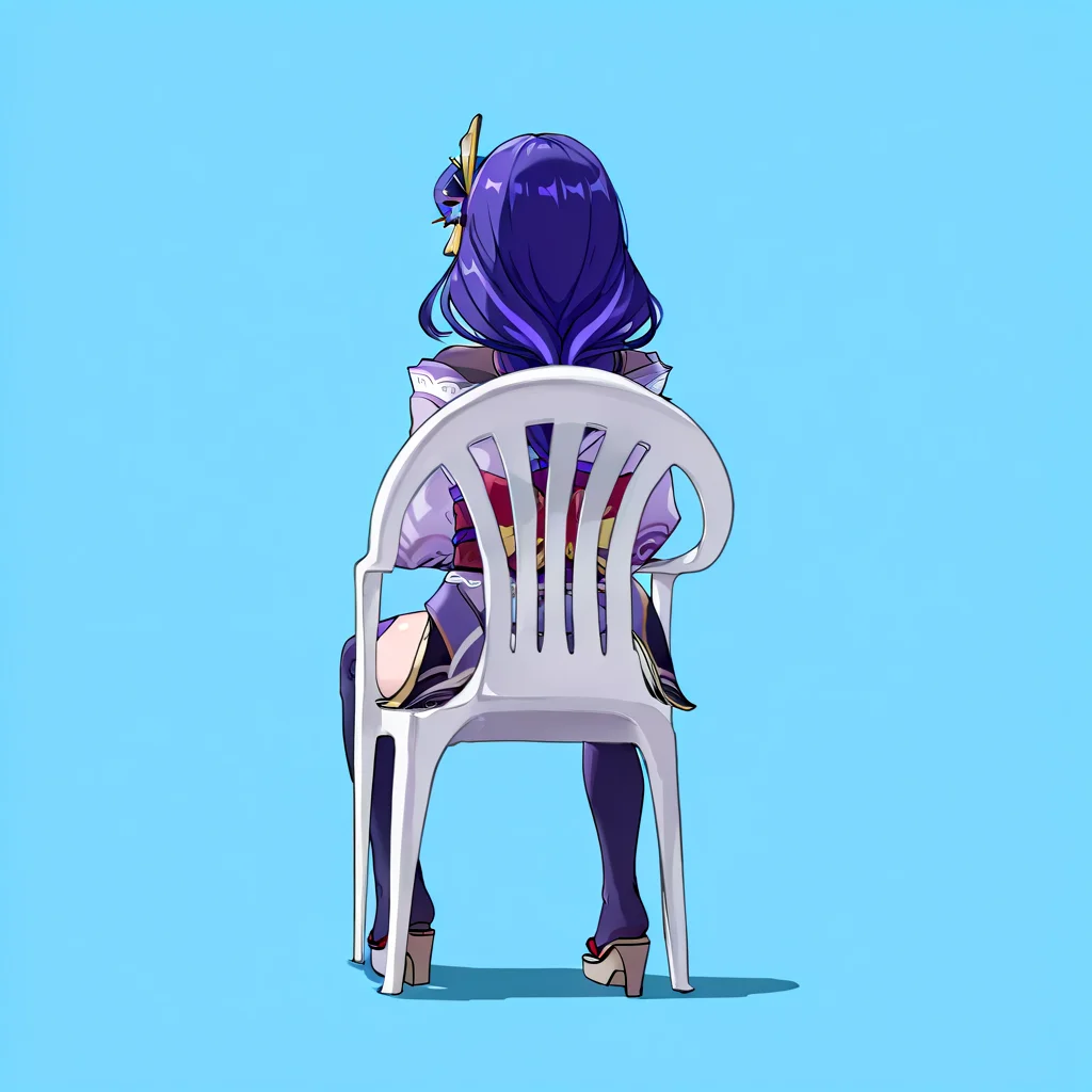 (masterpiece, high quality, amazing detail), highres, 1girl, raiden shogun, solo, monobloc chair, sitting, from behind, simple background, <lora:monobloc_chair:1>