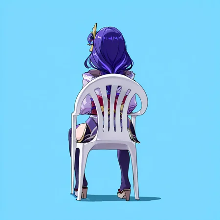 (masterpiece, high quality, amazing detail), highres, 1girl, raiden shogun, solo, monobloc chair, sitting, from behind, simple background, <lora:monobloc_chair:1>