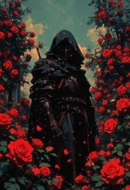 a mysterious knight in black hooded armour, standing amongst a multitude of red roses. His long, dark red cloak flutters among the petals that swirl around him in the air. The knight looks pensive and stoic as he stands against a wall covered in flowers. The gloomy clouds in the sky create an atmosphere of mystery and drama, contrasting with the bright red colours.