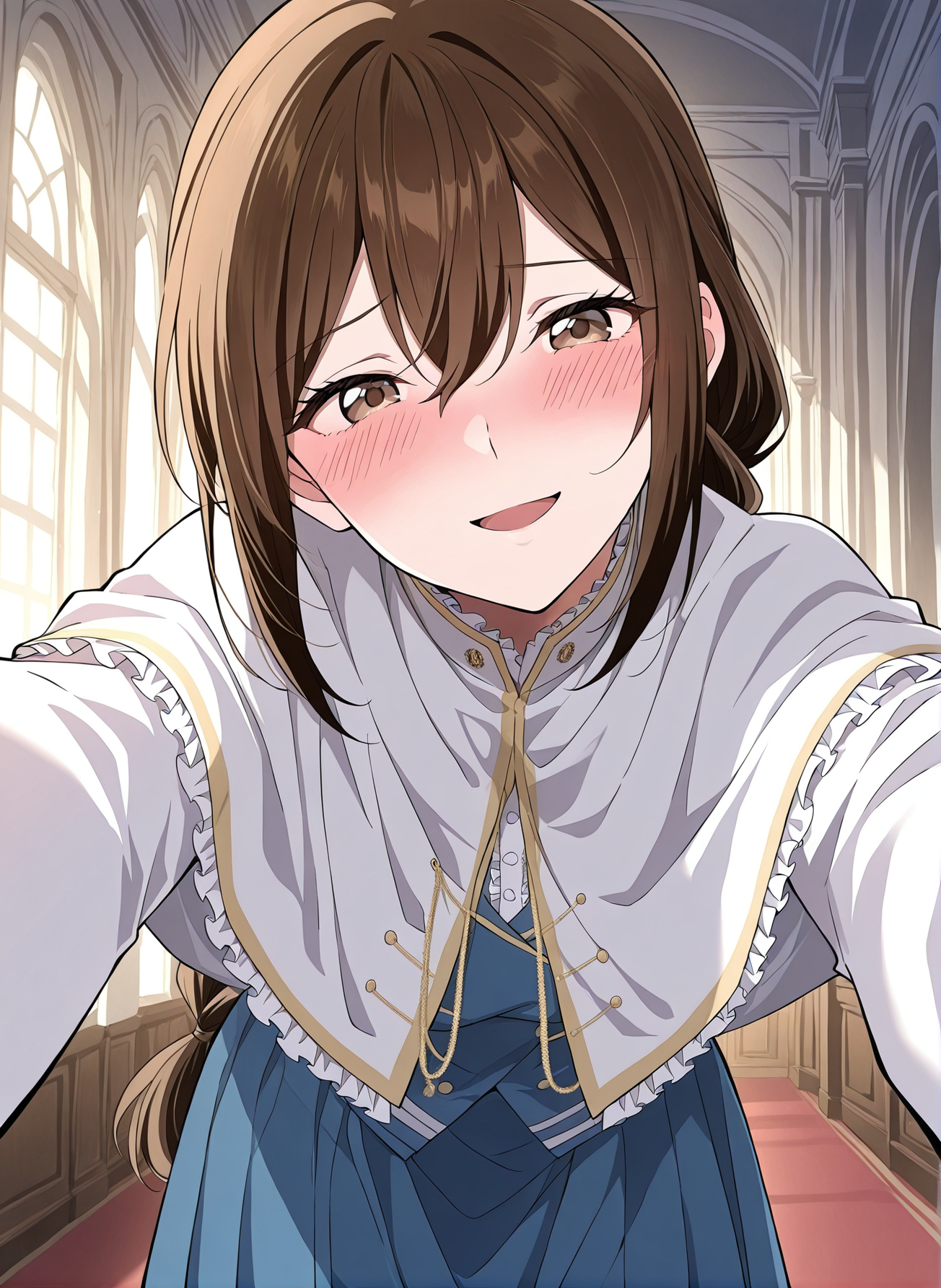 <lora:Lilia_Helstea__The_Beginning_After_the_End__Illustrious:1>
1 girl, solo, brown hair, brown eyes, long hair, hair between eyes, single braid
blue uniform, long sleeves, white capelet, white theghhighs, long skirt, blue skirt, frills
score_9, score_8_up, score_7_up, score_6_up, source_anime, rating_explicit, 1girl, solo, smile, embarrassed, alcalose eyes, open mouth, mansion, indoors, looking at viewer, outstretched arms, pov, close-up, (head tilt:1.2)