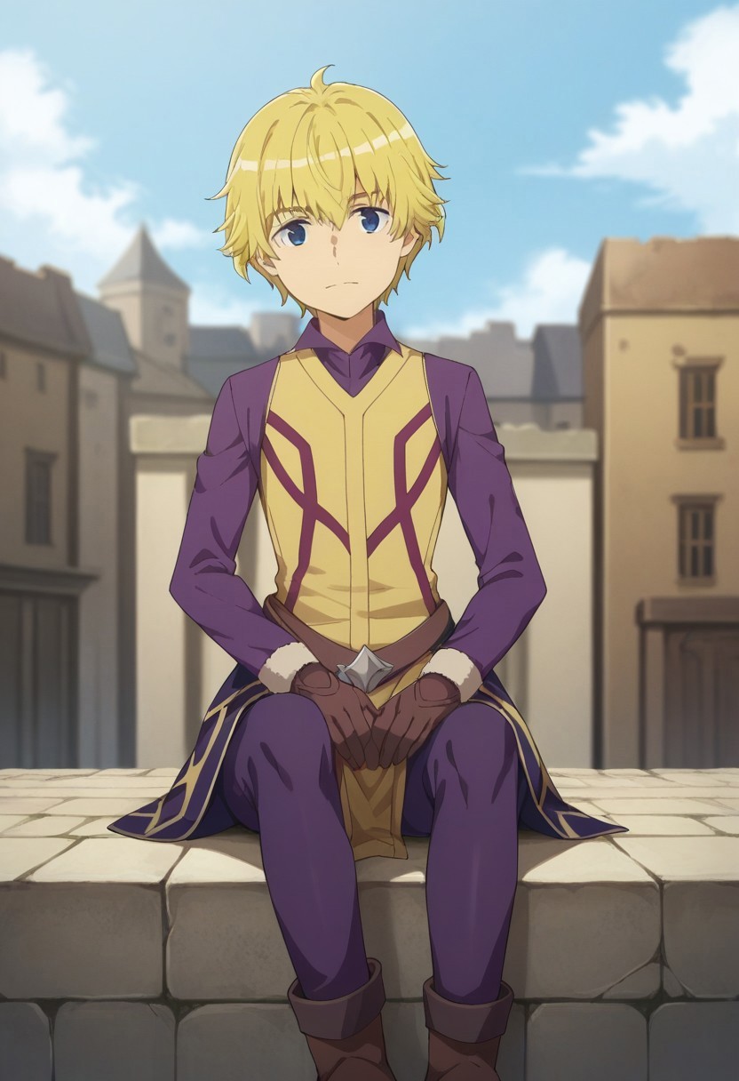 score_9, score_8_up, score_7_up, source_anime, highly detailed, 

deimne, 1boy, male focus, solo, blonde hair, gloves, brown gloves, brown footwear, boots, blue eyes, looking at viewer, pants, purple pants, shirt, purple shirt, tunic,

outdoor, building, medieval, sky, clouds, sit,