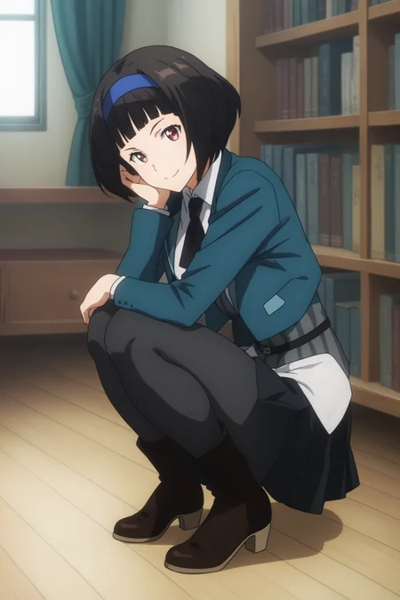 score_9, score_8_up, score_7_up, score_6_up, score_5_up, source_anime, rating_safe, medium breasts, indoors, library, 1girl, solo, looking at viewer, <lora:age_slider_v4:2>, (dynamic pose:1.2), kazuki ferrari, short hair, black hair, bob cut, blue hairband, school uniform, green jacket, white shirt, collared shirt, black neckerchief, grey vest, striped vest, belt, black skirt, pleated skirt, black pantyhose, boots, <lora:Kazuki_Ferrari:0.9>, smile, squatting, (full body:1.2)