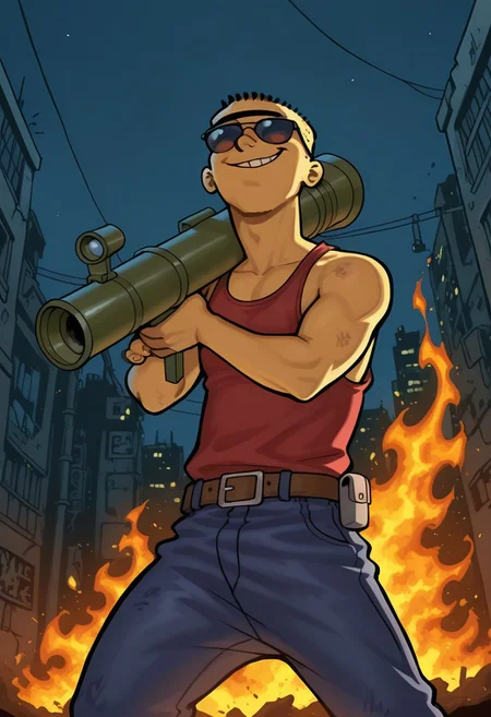 2D, source_cartoon, IllusP0s, solo, edboi smug, mnbrow, belt, blue pants, sunglasses, red tank top, belt, blue pants, rpcket launcher, holding a rocket launcher, ruined city, fire, night,