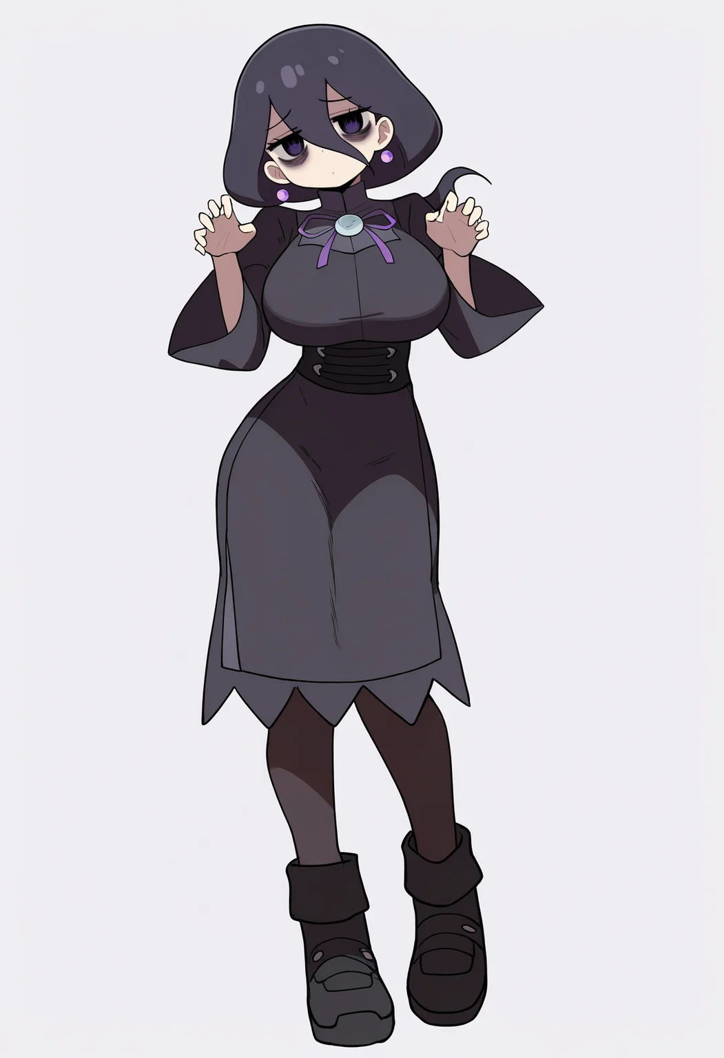 masterpiece, best quality, very aesthetic, absurdres,
1girl, hexza, black eyes, black hair, hair between eyes, purple eyes, bags under eyes,
ribbon, black dress, earrings, large breasts, long sleeves, black pantyhose, black boots,
standing, full body, claw pose,
looking at viewer, solo, (simple background, white background:1.3), <lora:HexManiacZANoobXL_byKonan:1>