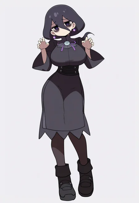masterpiece, best quality, very aesthetic, absurdres,
1girl, hexza, black eyes, black hair, hair between eyes, purple eyes, bags under eyes,
ribbon, black dress, earrings, large breasts, long sleeves, black pantyhose, black boots,
standing, full body, claw pose,
looking at viewer, solo, (simple background, white background:1.3), <lora:HexManiacZANoobXL_byKonan:1>