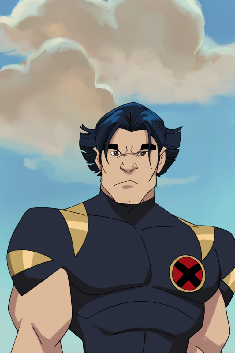 score_9, score_8_up, score_7_up, logan, xevosuit, 1boy, solo, male focus, mature male, short hair, dark blue hair, brown eyes, thick eyebrows, facial hair, stubble, sideburns, bodysuit, dark blue bodysuit, short sleeves, muscular, looking at viewer, standing, close-up, portrait, upper body, blue sky, cloud <lora:Wolverine (Logan) X-Men Evolution (Second Suit) v1.1 [LoRA] - Pony V6 XL:0.85>