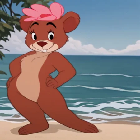 score_9, score_8_up, score_7_up, BREAK, waves, looking at the viewer, pink_flower_on_the_head, 1girl, no humans, teeth, nature, furry female, outdoor, hands on her own hip, blurred, full body, standing, full shot, orange fur, black eye, small bear body, bear tail, curves,