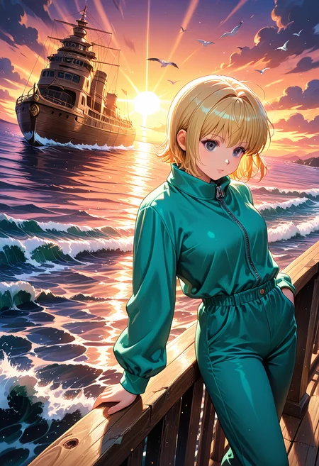 masterpiece, best quality, 32k, high resolution, absurdres
1girl, solo, Borksen, h_borksen, hunter x hunter, official art, dark grey eyes, short blond hair, long sleeves,full turquoise clothes, bangs, turquoise pants, turquoisejacket,
dynamic pose, standing, posing, looking at horizon, leaning on the railing
outdoors, big ship, boat deck, sea, seagulls, waves,
light particles, dynamic angle, cinematic angle, various angles, detailed background, beautiful background, (rays light:1.0),(grow:1.0) vivid colors, shiny and glossy, anime style, high-res, beautiful aesthetic, very intricate, high-quality details, vibrant,
<lora:add-detail-xl:1.10> <lora:spo_sdxl_10ep_4k-data_lora_webui:0.95> <lora:noobai_ep11_stabilizer_v0.138_fp16:0.6> <lora:StS-Illustrious-Detail-Slider-v1.0:1.10> <lora:cfg_scale_boost:0.95> <lora:nyalia:0.20> <lora:HUNTERHUNTER___Morena_____borksen:1>