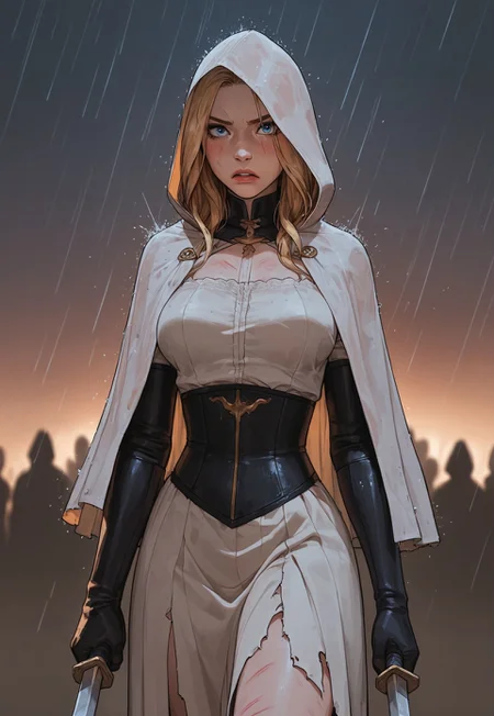 (score_9, score_8_up, score_7_up). (line work, excellent drawing, highest quality, extremely detailed:1.2). solo, 1girl, 24 year old woman, Battle Cleric, saint, vestal, hood, armor, religious, medium breasts, glossy lips, long lashes, blue eyes, blonde hair, innocent, cute face, pale skin, soft skin, scared, determined, injured, slut face, (holding a sword), nympho, horseriding skirt, fantasy, dnd, g0thicPXL, romantic, source_cartoon, depth of field, medium distance, cowboy_shot, semirealistic, dynamic angle, side view, in profile, dark background, raining, torn clothes, muddy clothes, fighting pose, crowd in background, surrounded by enemies,