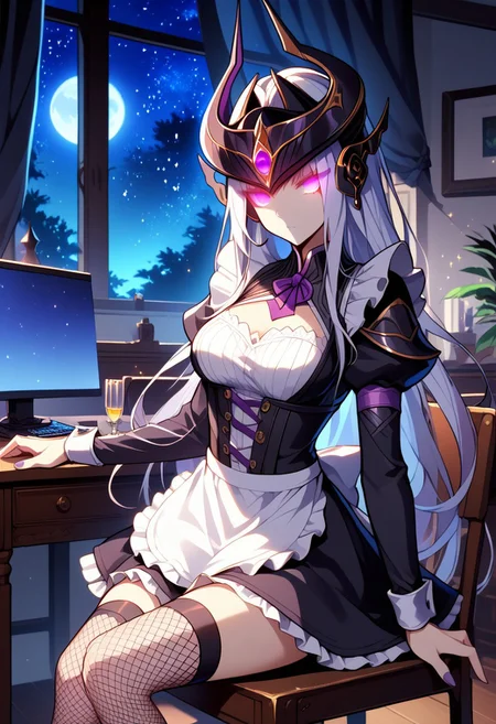 score_9_up, score_8_up, score_7_up, source_Syndra, sitting on a chair, (short maid dress, sexy maid dress, fishnet thight stockings), masterpiece, perfectly detailed, detailed face, detailed background, 1girl, BREAK, glowing white hair,
window, monitor, night view, night, stars, glitter, sparkles, mist, dramatic lighting, glowing eyes, purple eyes, full moon