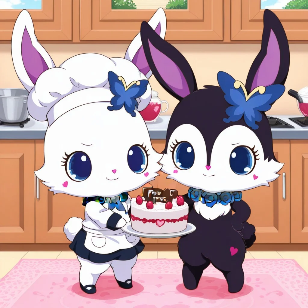 score_9, score_8_up, score_7_up, score_6_up, score_5_up,
best quality, masterpiece, smirks, Full Body, Romantic, Small Body, Furry, looking_pleasured, duo, female/female, 2girls, kitchen, chefs hat, chefs shirt, chefs skirt, rubyjp, no humans, rabbit, chibi, furry, hair ornament, necklace, jewelry, chest fur, white fur, chef outfit, holding a sign that say " free cake", largest cake, luea, feral, blue eyes, rabbit, furry, rabbit ears, black fur, purple inner ear, white chest fur, white face, chibi, body fur, (blue butterfly hair ornament), (blue rose necklace), chef outfit, large cake, writing on cake say "buzz for cake",