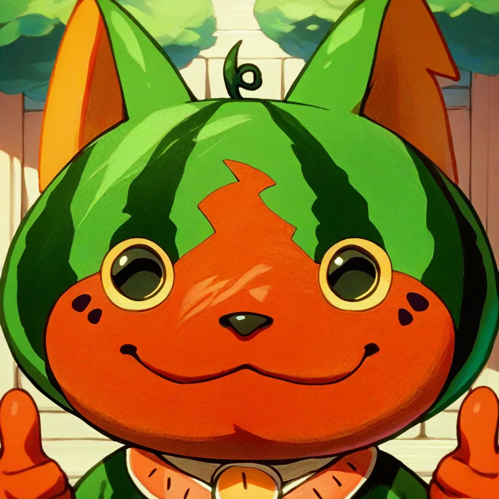 score_9, score_8_up, score_7_up, furry, Suikanyan, green fur, red face fur, yellow sclera, two tails, yellow sash, cartoon style, 2d, overweight male, solo, face close up, upper body focus, thumbs up, looking at viewer, smile, outside