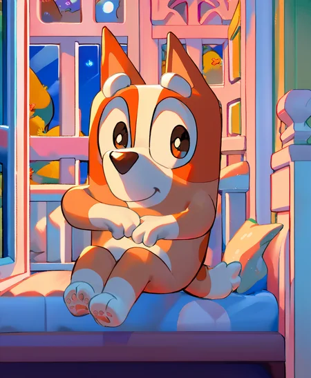 score_9, score_8_up, score_8, 1girl, <lora:blueyxl:1>, source_cartoon, source_furry, blueyxl, bingo heeler, boxchibi, (chibi:0.5), anthro, furry, tail, orange body, animal ears, flat shaded background, at night, indoors, looking at viewer, window, children's bedroom in background