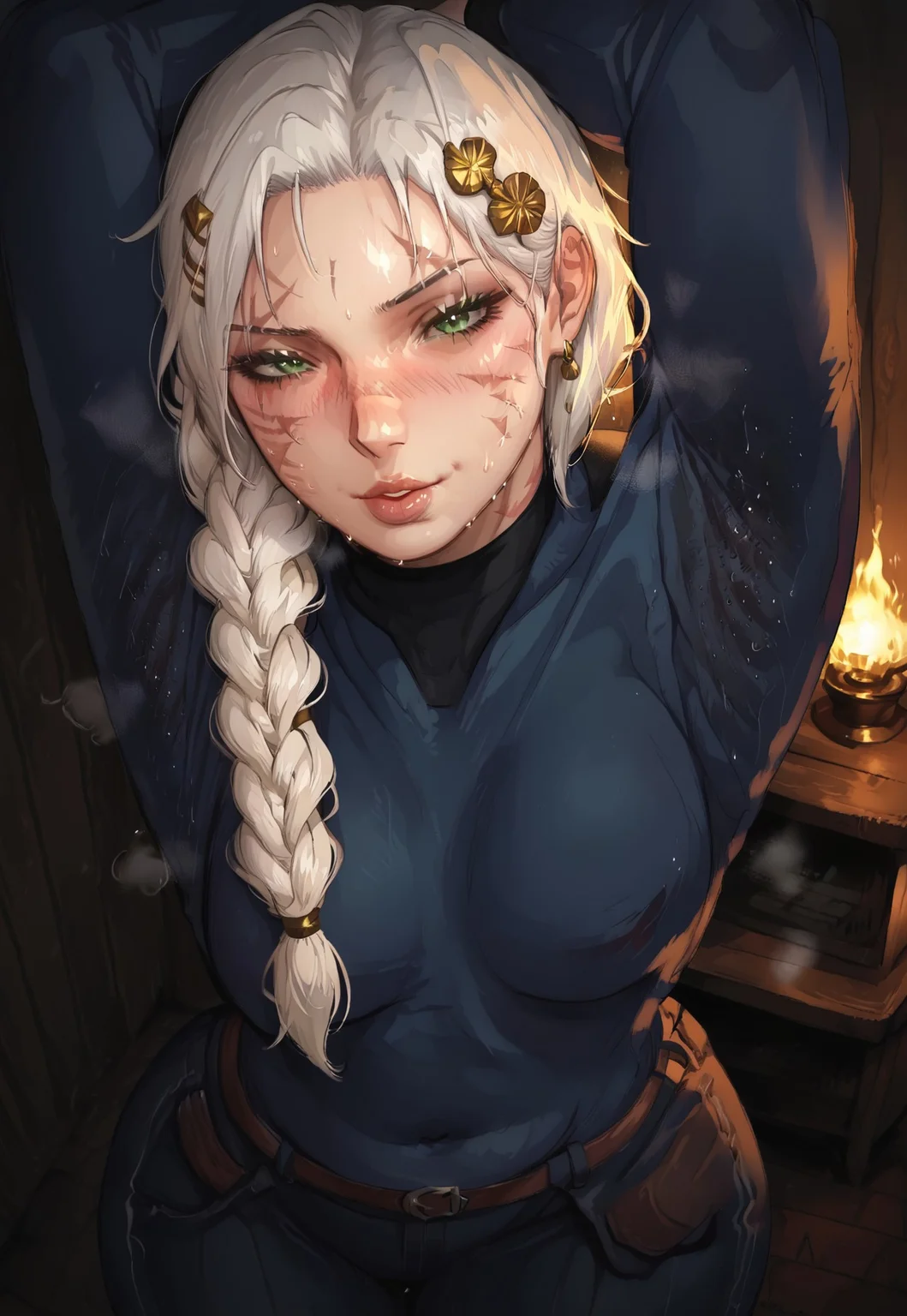 safe_pos, score_9, score_8_up, score_7_up, <lora:add-detail-xl:1.5> masterpiece quality, source_anime BREAK,1girl, plump, green eyes, white hair, long hair, hair over shoulder, braid, single braid, hair ornament, scar, scar on face, scar across eye, puffy lips, arms up, hugging viewer, gentle face, sweaty, musky body
BREAK
High angle , from above, face close to camera, face focus, blush, l, musky, dynamic lighting, masterpiece lighting, masterpiece reflections
BREAK
indoors, night, dark room, very dark room, tv