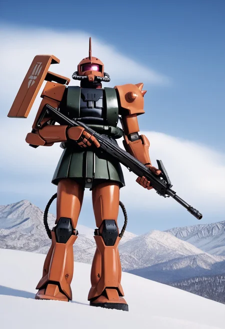 score_9, score_8_up, score_7_up, source_anime, cowboy shot, side view, BREAK, ( garma_zaku, pink monoeye, one eye, looking to the side, holding rifle in both hands, ) 1mech, mech focus, solo, BREAK, snow, ice, ice mountains, dark blue violet sky, night time, starry sky, Realistic, Relaxed, Moonlit, beautiful detailed supreme quality color intricate, dynamic dramatic beautiful full taking, contemporary fine detail, highly detail, dynamic background, positive emotional, background curving upwards,