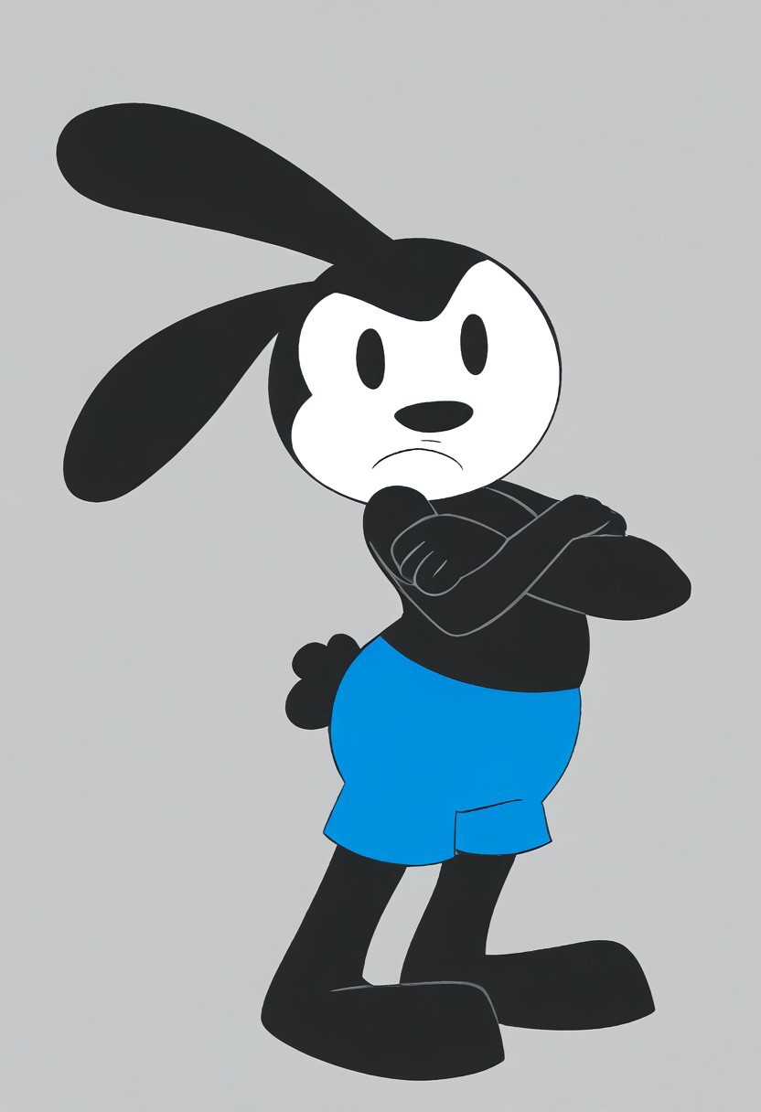 rabbit, solo, no humans, furry, 1boy, furry male, male focus, looking at viewer, black eyes, solid oval eyes, animal ears, rabbit ears, body fur, black fur, shorts, blue shorts, rabbit tail, tail, full body, frown, high quality