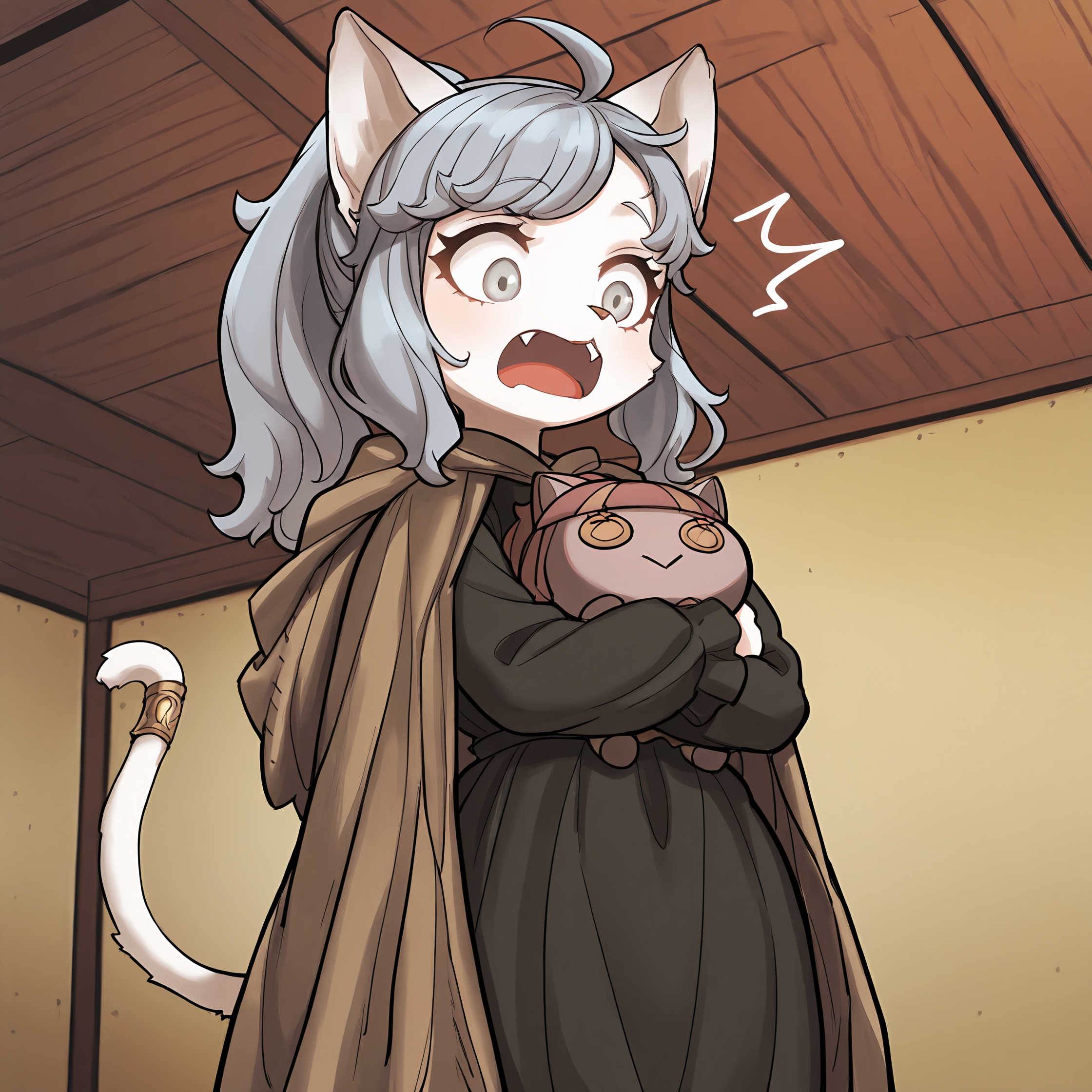 BREAK, <lora:Sheena_Falafel:1>, Sheena Falafel, Fuga: Melodies of Steel, kemono, furry female, young female, 1girl, cat girl, white fur, grey eyes, pastel blue hair, long hair, ahoge, bangs, sidelocks, animal ears, cat ears, animal nose, pink nose, cat tail, tail ornament, braided anklet, Fuga 2 appearance, ponytail,
BREAK, Fuga 1 Outfit, black dress, brown cloak,
BREAK, Bleuette, Bleuette doll, character doll, stuffed cat,
BREAK, solo, half body, low angle, looking down, surprised, open mouth, fangs,