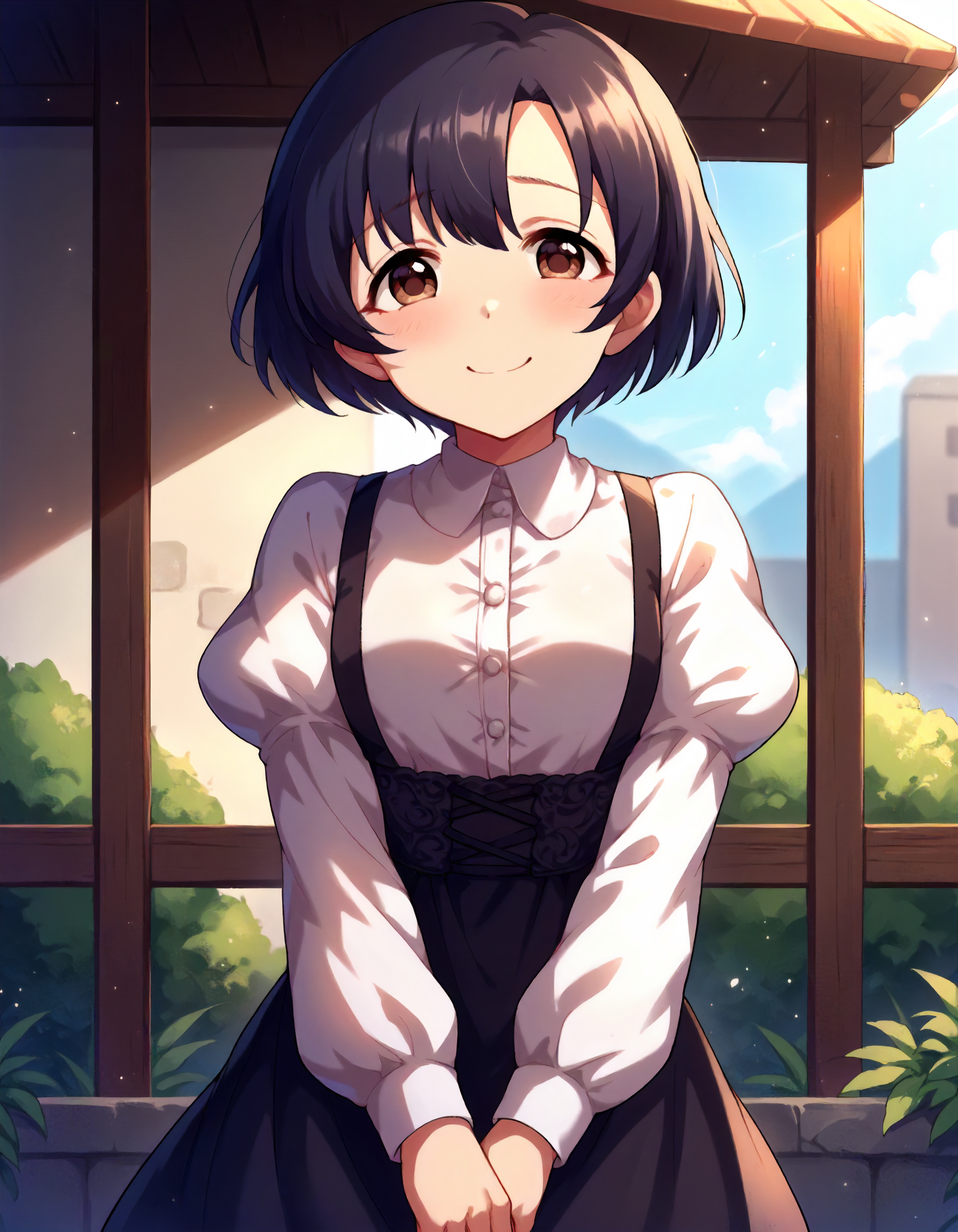 score_9,score_8_up,score_7_up,1girl,solo,cowboy shot,shy smile,looking at viewer,outdoors,
<lora:shiragikuhotaru_ponyXLV6:0.8>,cgsh,
black hair,short hair,brown eyes,
black dress,white shirt,puffy sleeves