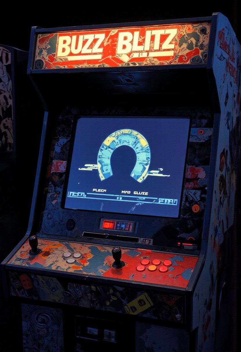 4k quality, (masterpiece), detailed
A 1990s arcade machine. The top of the machine says "Buzz Blitz". The screen is a game main menu with a lightning bolt logo on it. There is a film grain on the screen.