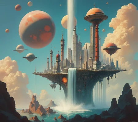score_9, score_8_up, score_7_up, score_6_up, Digital artwork of a futuristic city built on the edge of a massive waterfall. The buildings are sleek and reflective, with water cascading down the sides. The sky is filled with flying vehicles and distant planets, creating a sense of otherworldly grandeur., highly detailed, vivid <lora:ponys-dream:.9>
