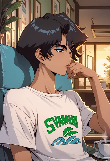 score_9,  score_8_up, score_7_up <lora:golden-boy-ponyxl-000025:1> <lora:KatounPony:0.3> hayami ayuko, white shirt, short sleeves, print shirt,
1girl, living room, relaxing, playstation, coffee, sunset