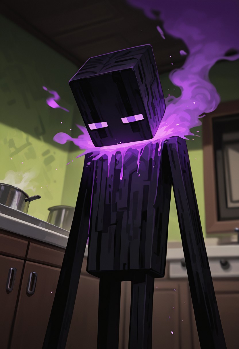 masterpiece, best quality, amazing quality, very aesthetic, absurdres, newest, , detailed background, 
 movie scene, cinematic scene, cinematic, foreground blur, depth of field, 
klskx
enderman, no humans, purple eyes, rectangle eyes, , solo, male focus, black skin, no mouth, square head, square body, black head , pokemon (creature), 
inside living room, tall, dark room, horror scene, standing in kitchen, green walls, dark walls, foreground smoke, fluid smoke, purple smoke, smoke emerging from body, dust particles, purple dust,