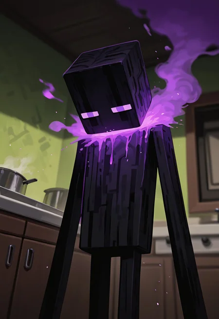 masterpiece, best quality, amazing quality, very aesthetic, absurdres, newest, , detailed background, 
 movie scene, cinematic scene, cinematic, foreground blur, depth of field, 
klskx
enderman, no humans, purple eyes, rectangle eyes, , solo, male focus, black skin, no mouth, square head, square body, black head , pokemon (creature), 
inside living room, tall, dark room, horror scene, standing in kitchen, green walls, dark walls, foreground smoke, fluid smoke, purple smoke, smoke emerging from body, dust particles, purple dust,