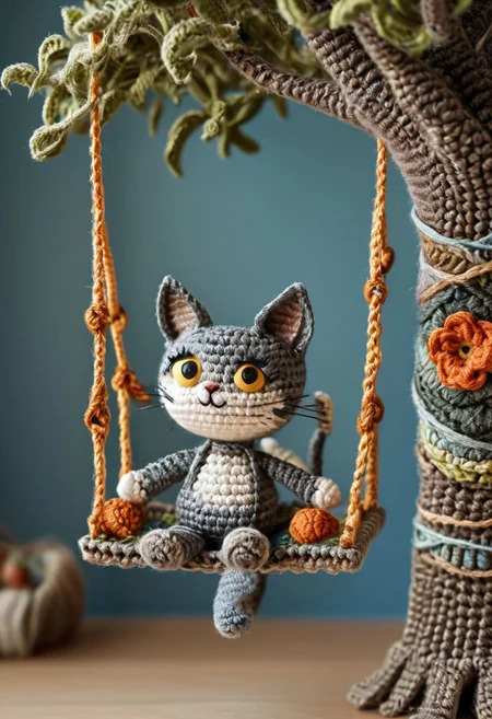 a cat enjoying himself on a swing from a tree, by saint exupery, crocheted style