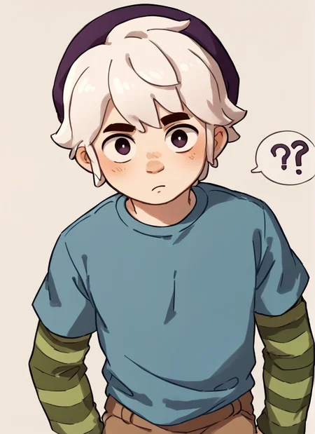 score_9, score_8_up, score_7_up, 1boy, <lora:bs_gus:1> bsgus ,green sleeves , aged down, blue shirt ,brown shorts , white hair ,Striped sleeves ,purple headwear , looking at viewer, <lora:Yagi_the_Goat_Style:1>by s1120411 , ???