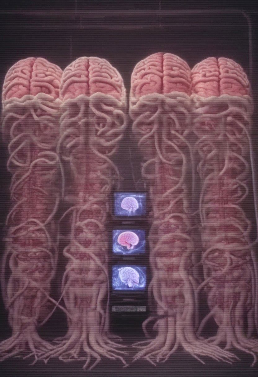 crt style tvs sets multiple human brains emerging from 5 women glowing massive amounts of intestines and cables woven together inside multiple modern television sets in technology warehouse