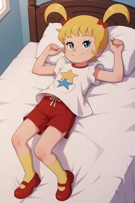 score_9, score_8_up, score_7_up, score_6_up, BREAK, ApoMMXL, blue eyes, blonde hair, short hair, bangs, twintails, red hair bow, freckles, flat chest, white dress, star print, short sleeves, red shorts, yellow socks, red shoes, solo, full body, lying on bed, seductive smile, looking at viewer, indoors <lora:ApoMMXL:1>