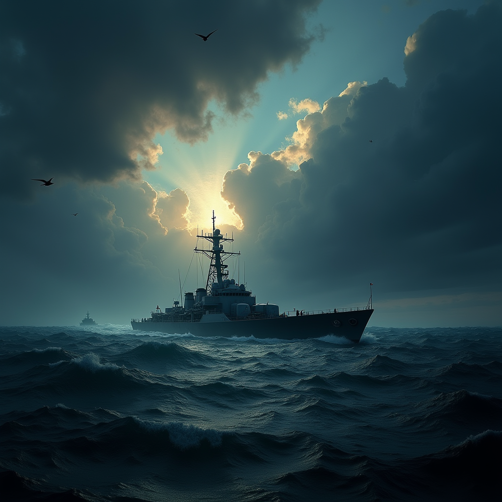 <lora:Chiaroscuro Lighting Style v1:1>
Chiaroscuro Lighting Style of a painting of a boat in a stormy sea, sharp, detailed, perfect, perfection, realism, cinematic exposure, cinematic color, cinematic contrast, dramatic style, cinematic style, dramatic shadow, partially covered in shadow, Chiaroscuro Lighting Style, outdoors, sky, cloud, water, military, no humans, night, bird, ocean, scenery, dark, watercraft, ship, sunlight, cloudy sky, military vehicle, waves, boat, warship